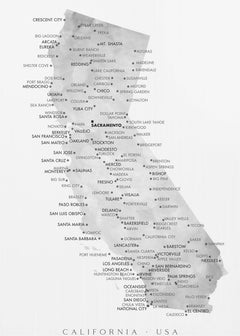 Kartor Grayscale watercolor map of California with cities – kvalitetsprodukt för ett vackrare och mer hållbart hem