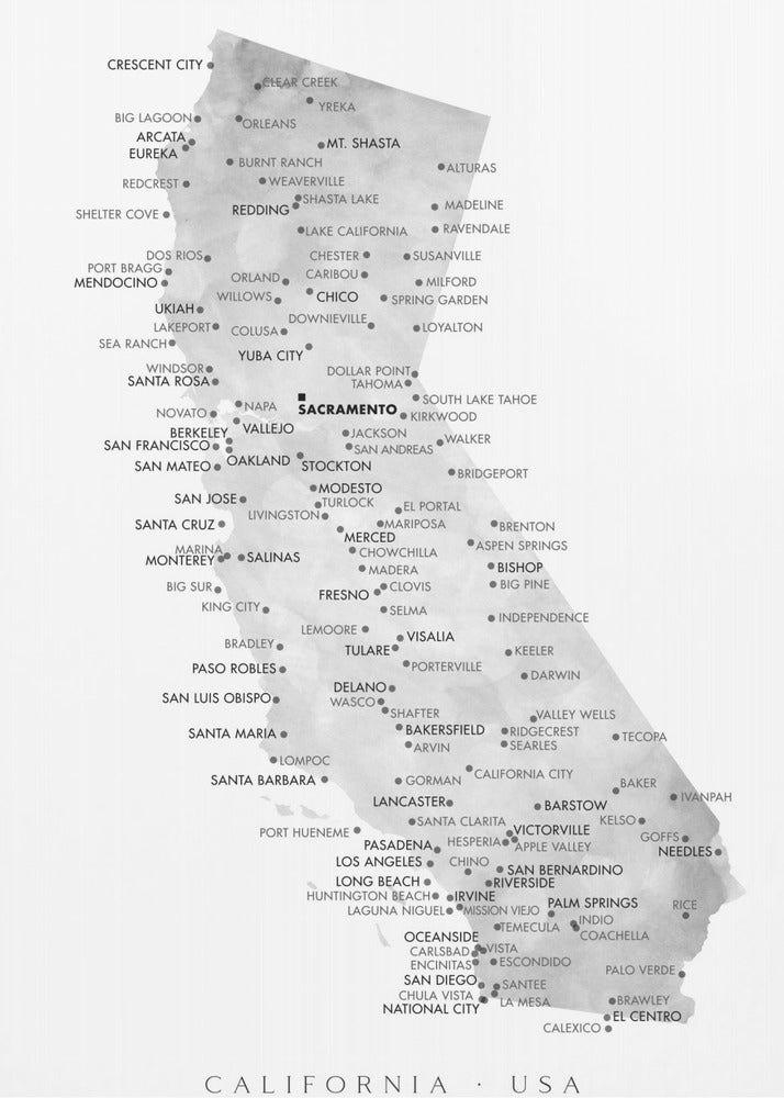 Grayscale watercolor map of California with cities