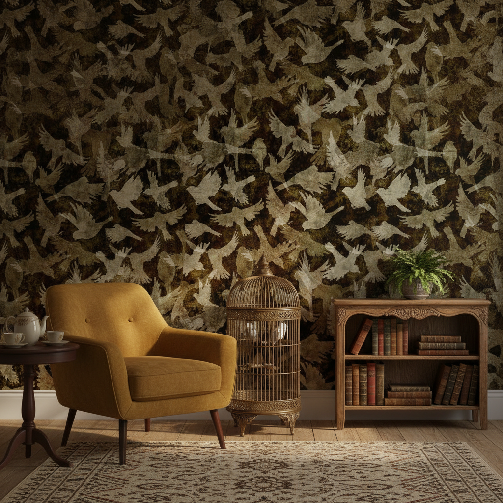 Fåglar - Amber - Elegant tapet med fågelmotiv i varma amber-toner