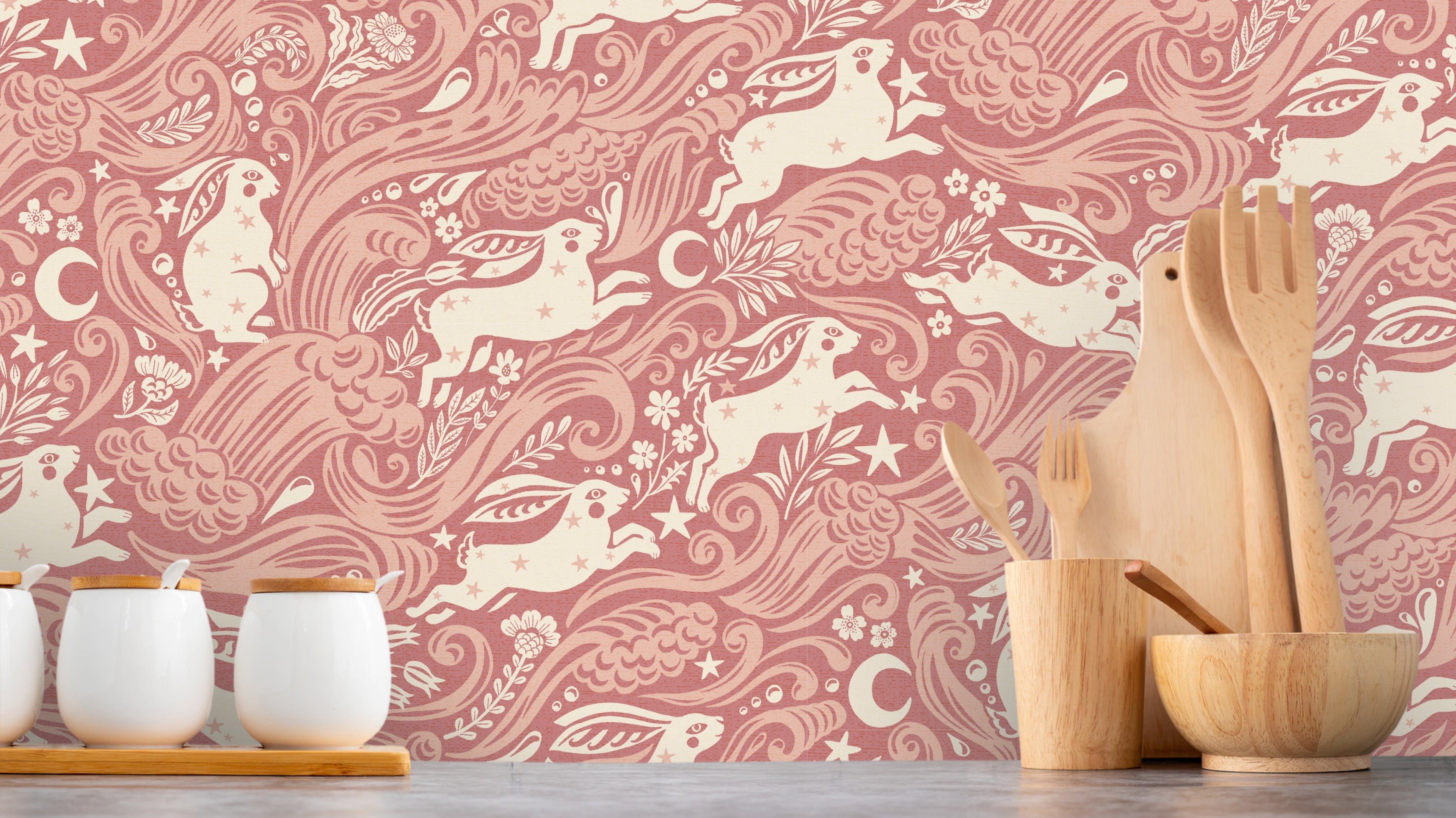 Celestial Sea Rabbit - half drop - Varm Rosa – Lekfull tapet med havskaniner i varm rosa