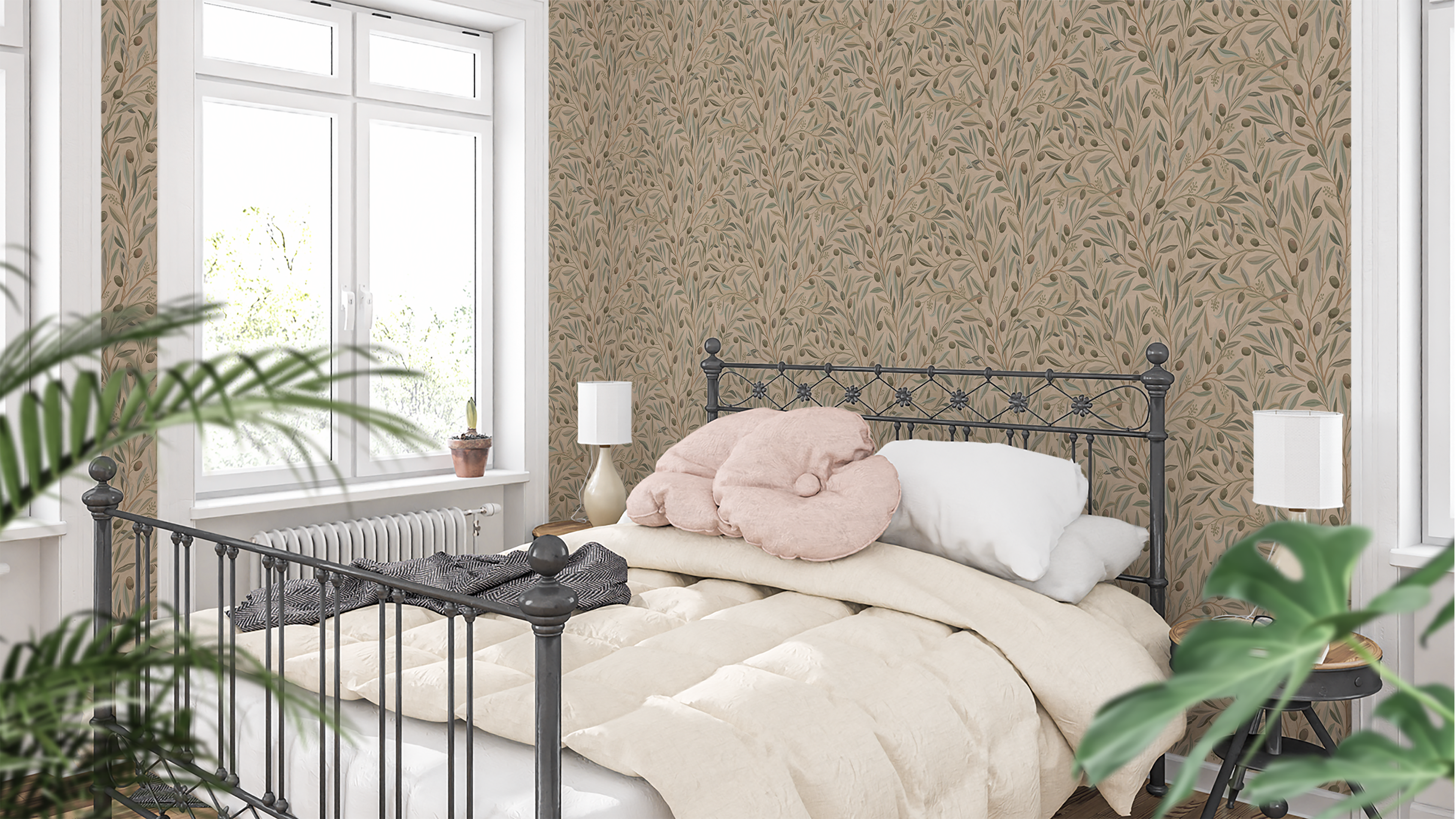 Olivia Half Drop - Terracotta - Elegant tapet med olivkvistar i medelhavsstil