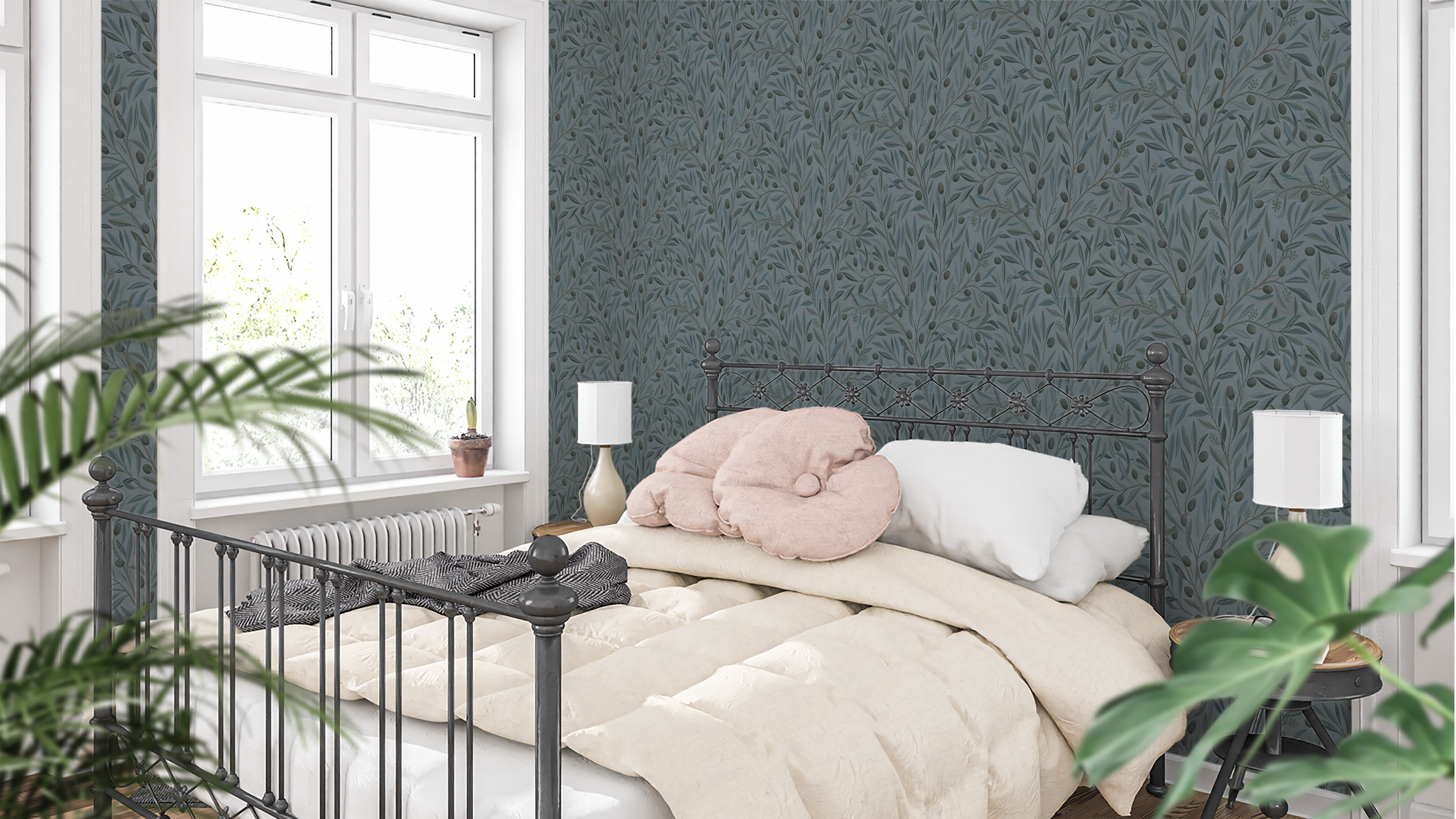 Olivia Half Drop Dove - Elegant tapet med olivkvistar i mjuka blå toner