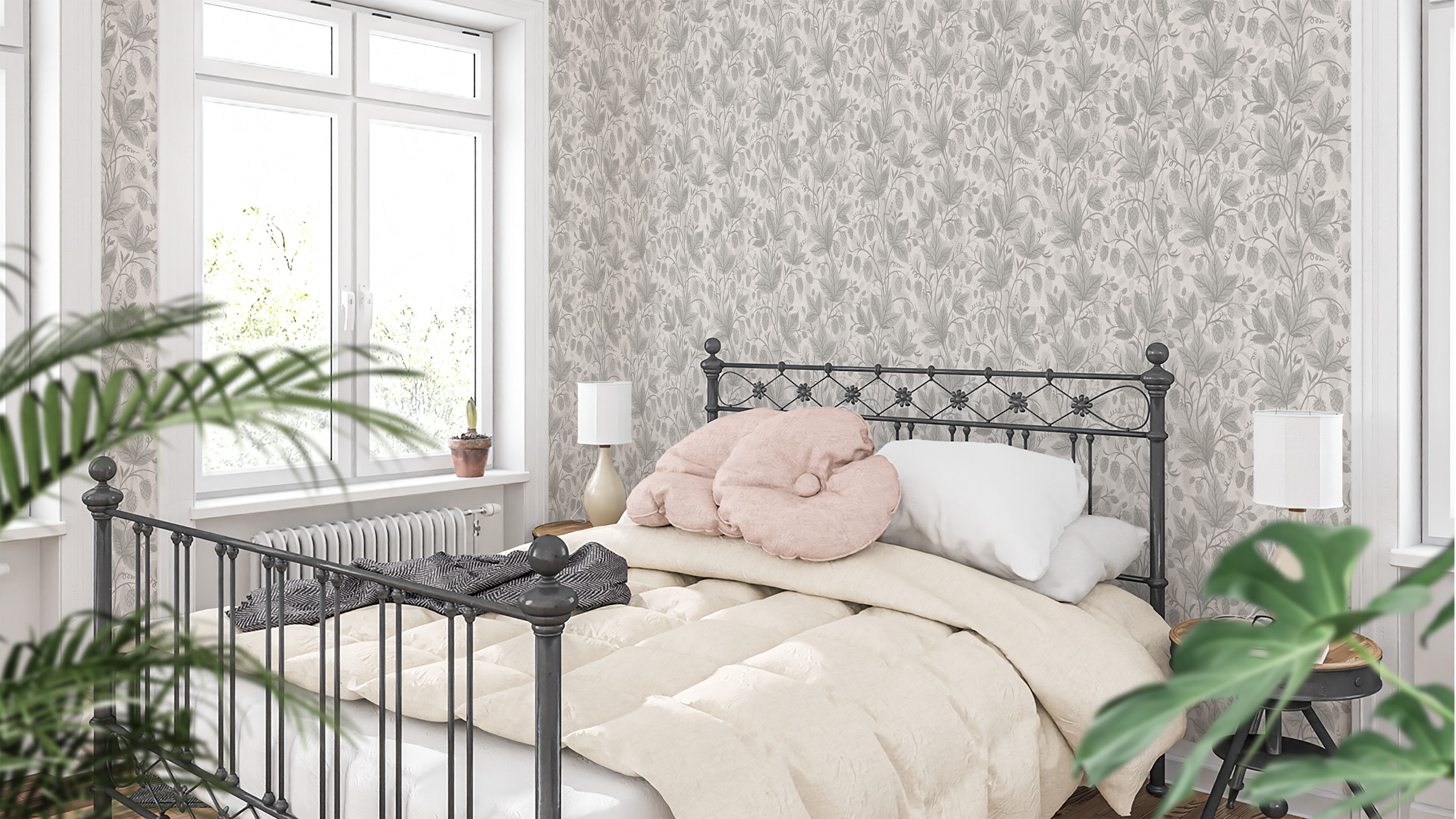 Trailing Hops - Silver – Elegant botanisk tapet med humlerankor