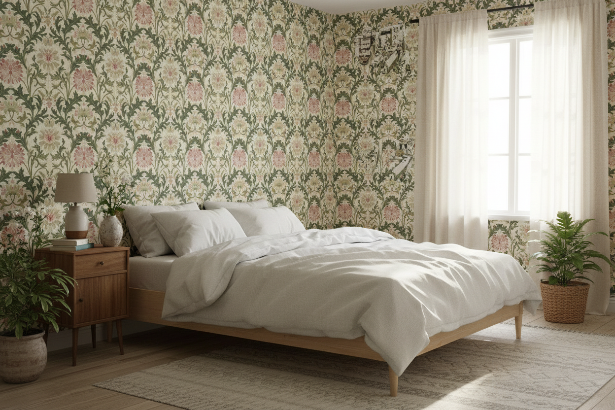 Jennie - Grön - Botanisk tapet med blommor och blad