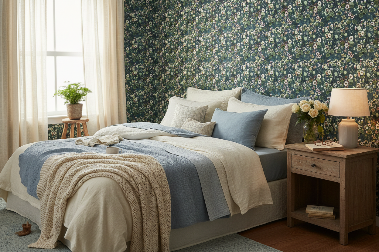 Reval Wallpaper Krasse - Midnight Blå - Handmålad tapet med blommor i djupa blå toner – högkvalitativ tapet för en personl...
