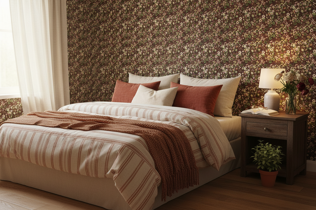 Reval Wallpaper Krasse - Vine - Handmålad tapet med levande blommor i röda toner – högkvalitativ tapet för en personlig oc...