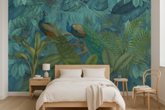 Wall mural Jungle Birds Garden No1 – Exotisk fototapet med tropiska påfåglar – fototapet med unikt motiv som skapar en ins...