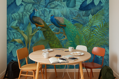 Wall mural Jungle Birds Garden No1 – Exotisk fototapet med tropiska påfåglar – fototapet med unikt motiv som skapar en ins...