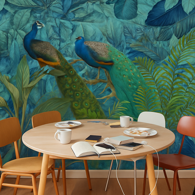 Jungle Birds Garden No1 – Eksotisk fototapet med tropiske påfugler rumsbild 4