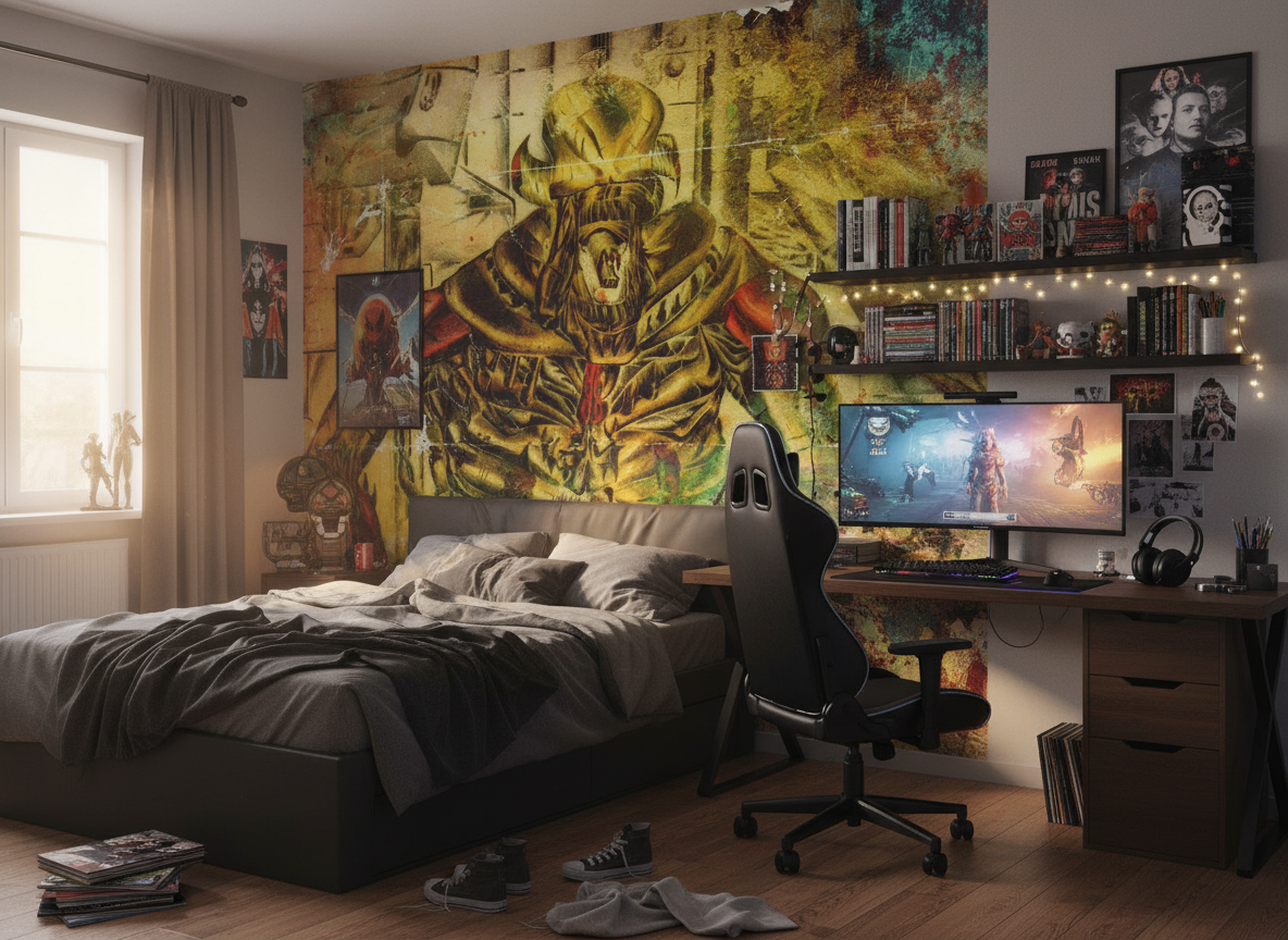 Alien portrait - Fototapet med futuristisk sci-fi-konst i gult och krom