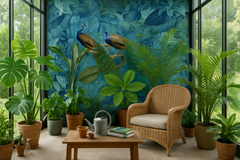 Wall mural Jungle Birds Garden No1 – Exotisk fototapet med tropiska påfåglar – fototapet med unikt motiv som skapar en ins...