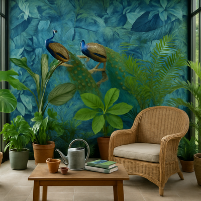 Jungle Birds Garden No1 – Eksotisk fototapet med tropiske påfugler rumsbild 3