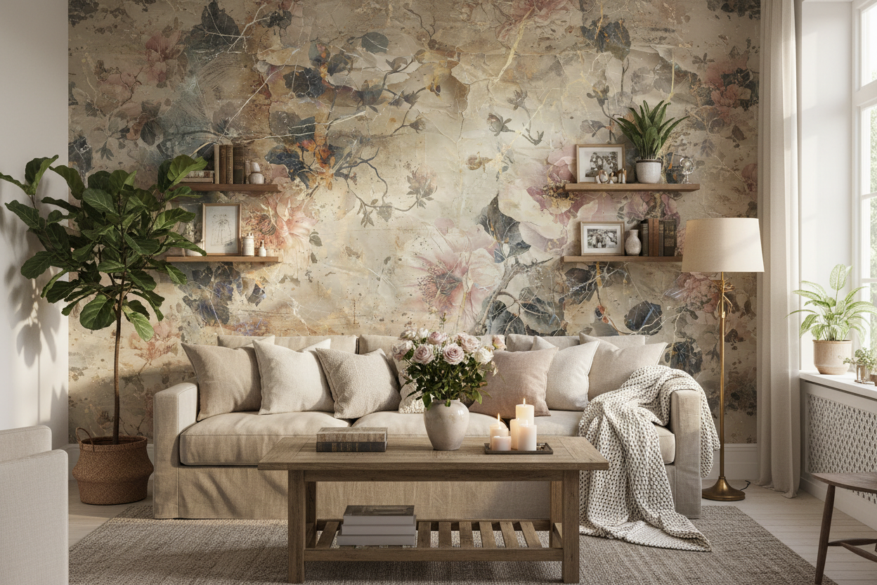 Floral Vintage Art Illustration 03 - Fototapet vintage blommor